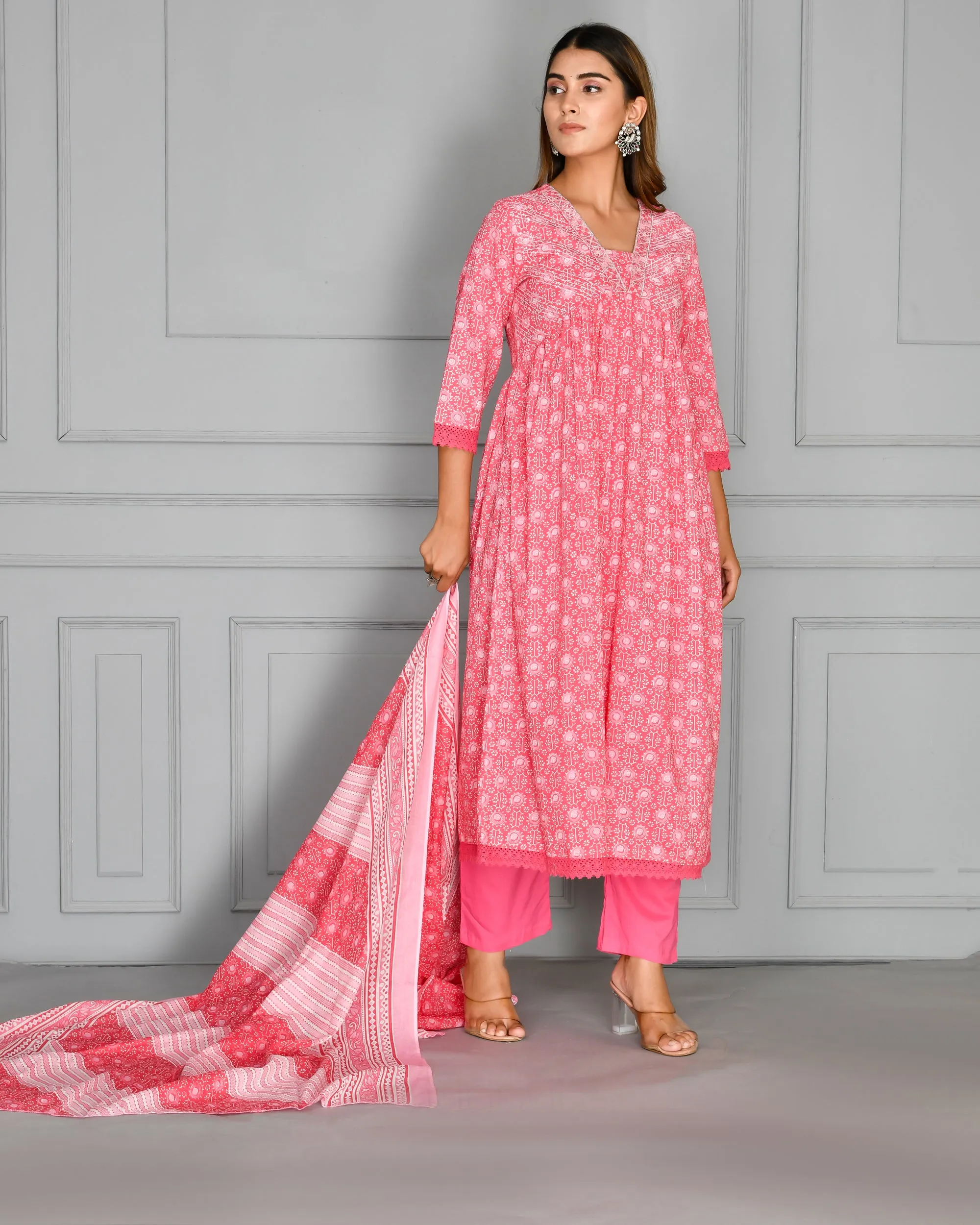 Pink Cotton Alia Cut Embroidered Anarkali Set