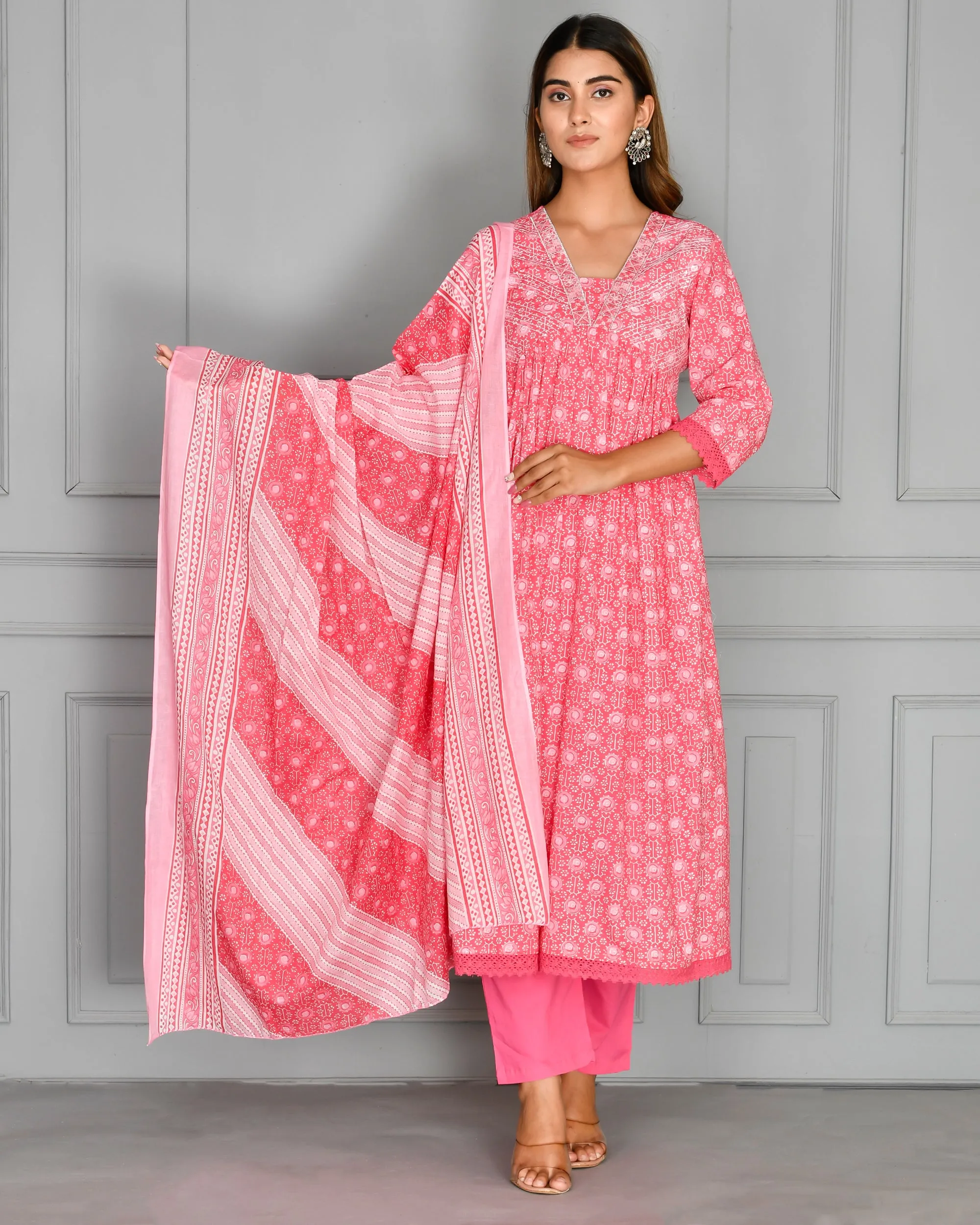 Pink Cotton Alia Cut Embroidered Anarkali Set