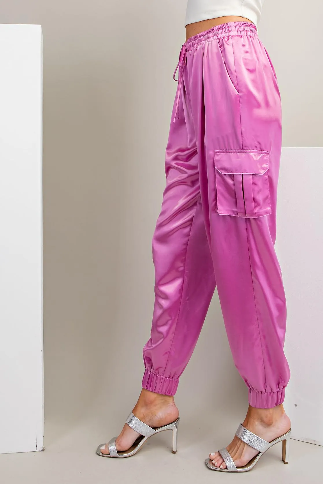 Pink Satin Cargo Jogger Pants