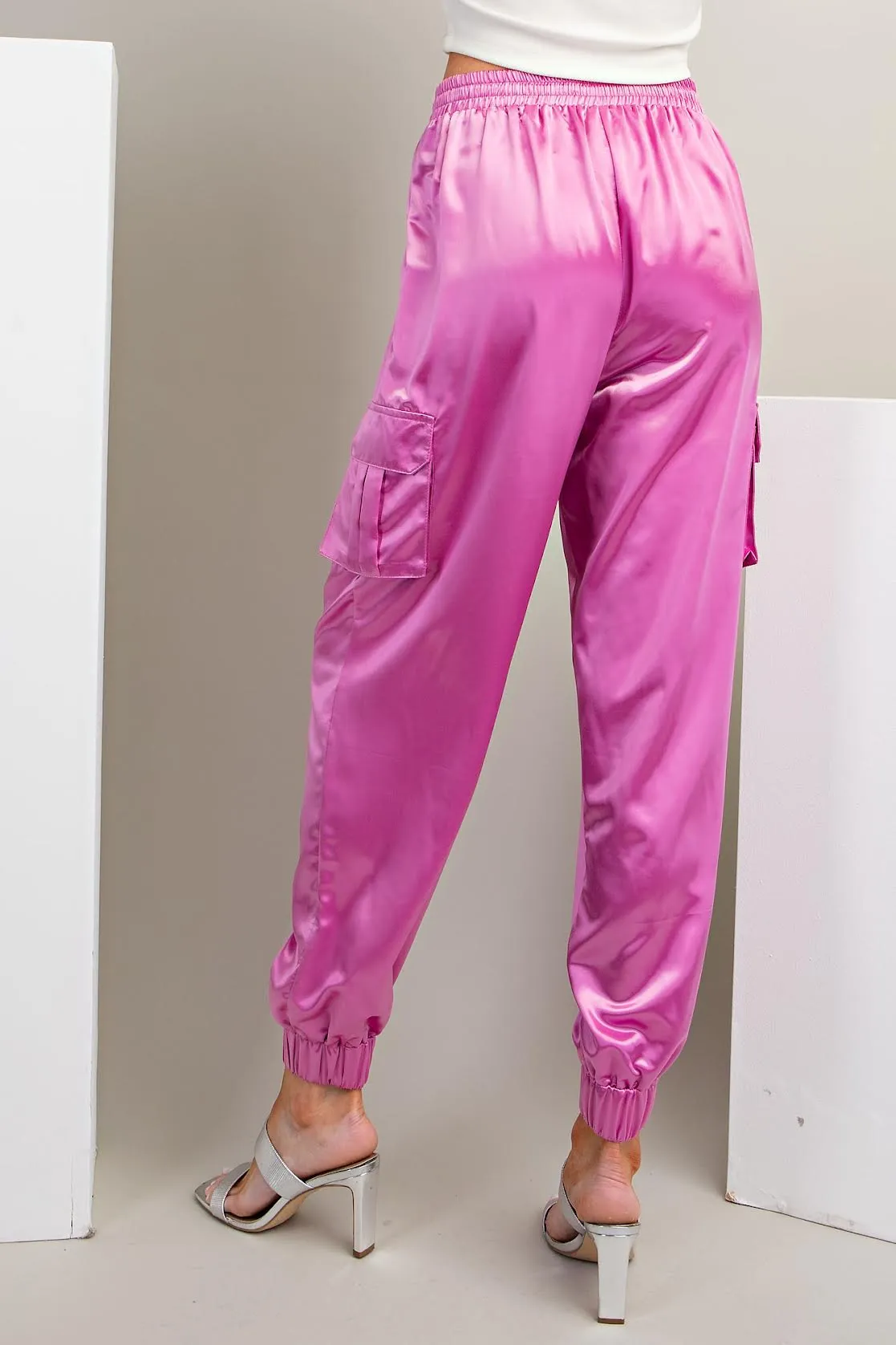 Pink Satin Cargo Jogger Pants