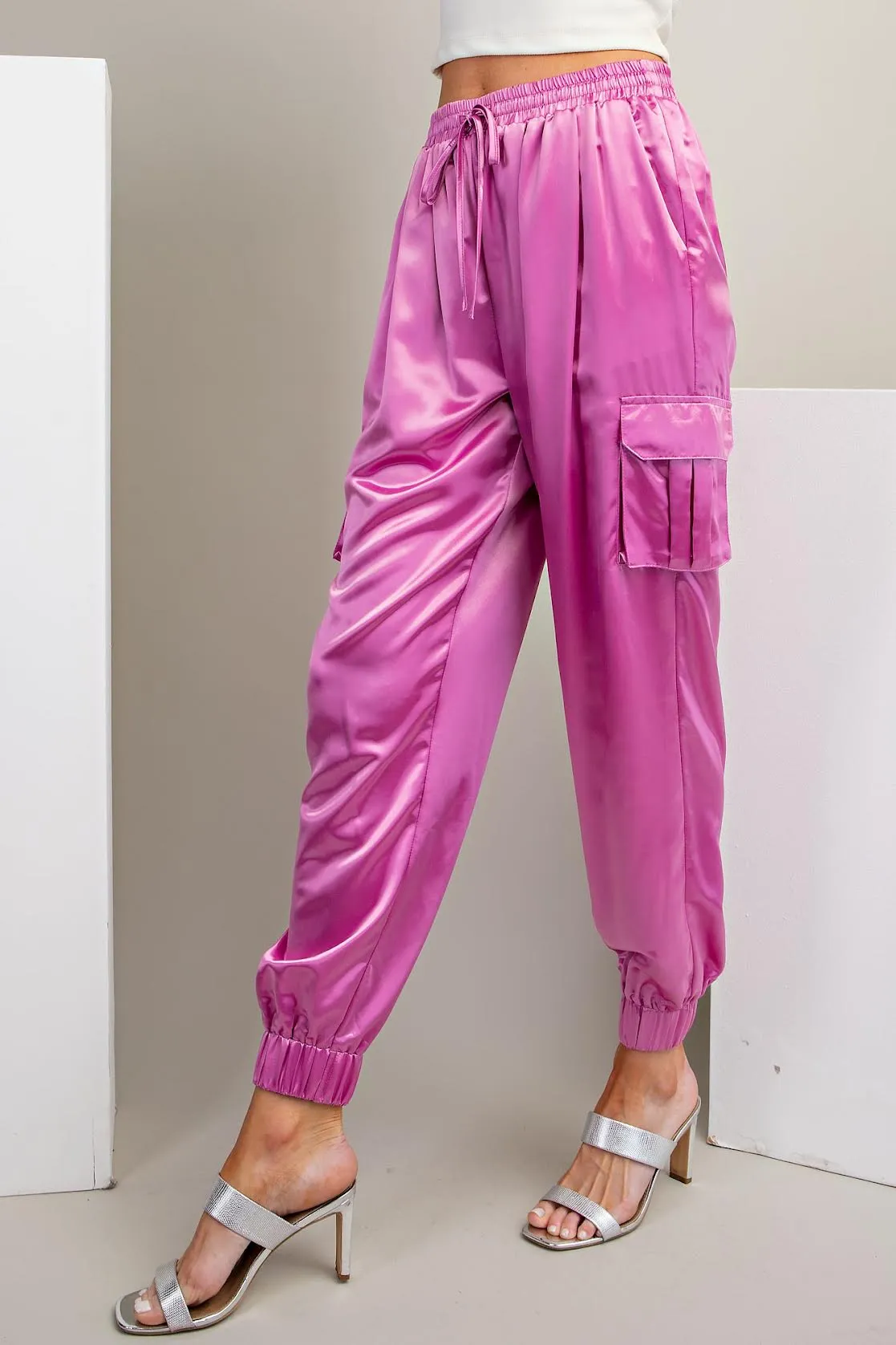 Pink Satin Cargo Jogger Pants