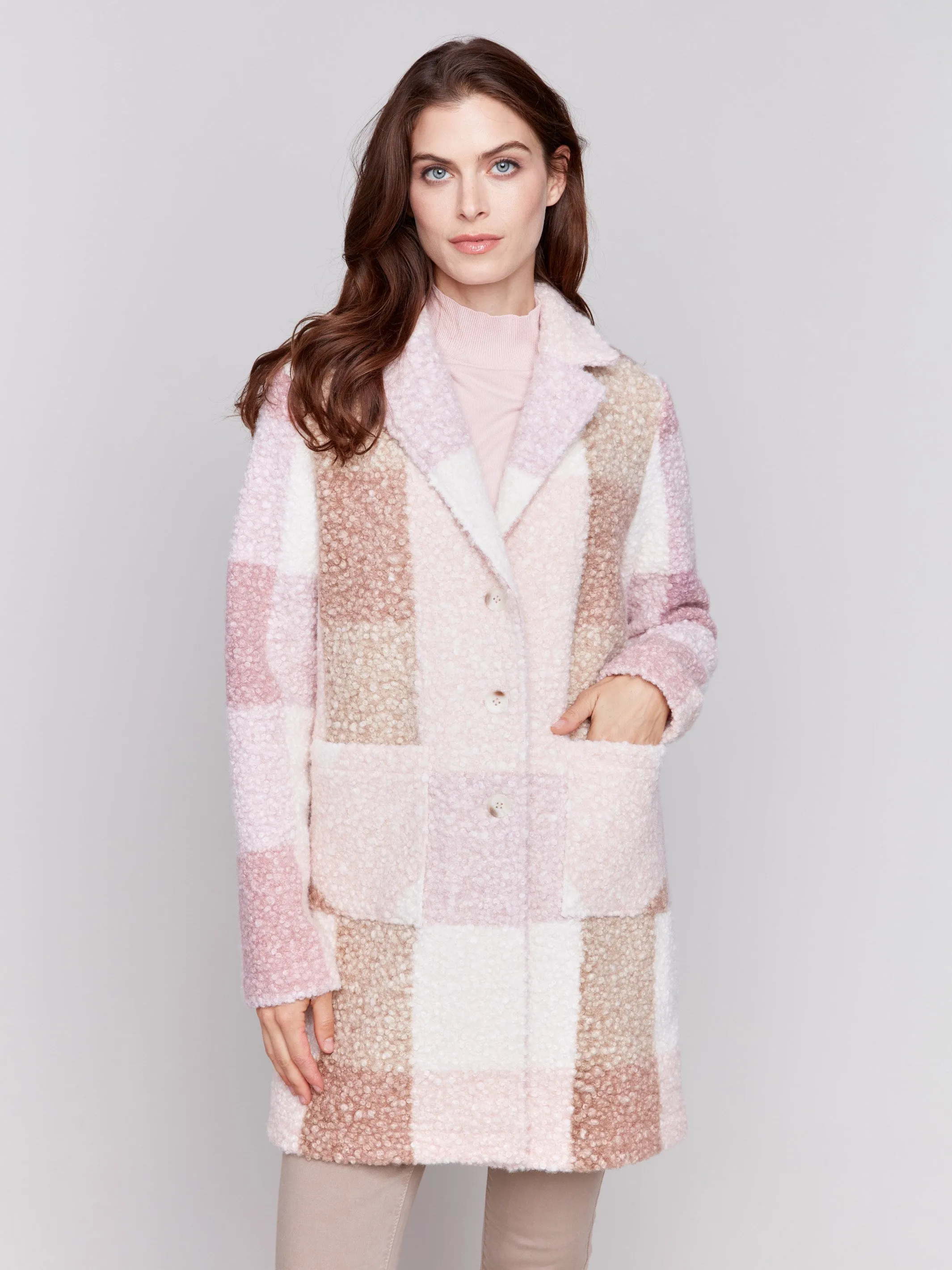 Plaid Bouclé Knit Coat - Woodrose