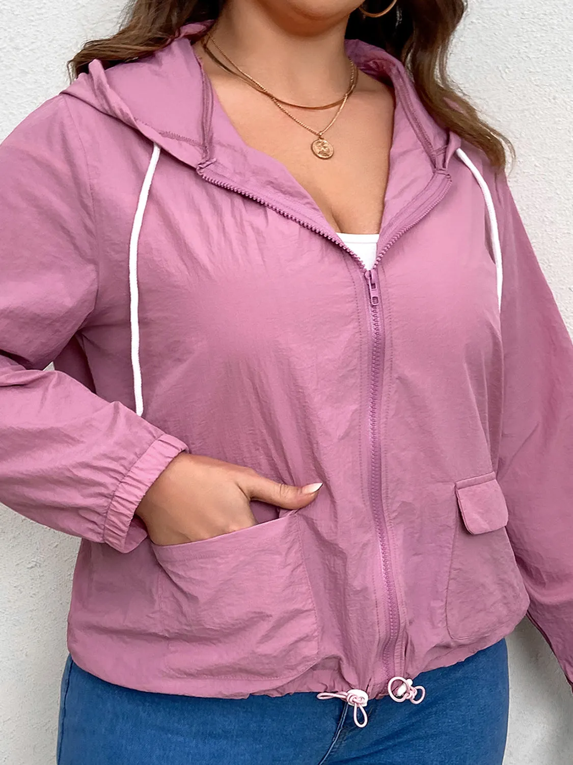 Plus Size Pink Zip-Up Drawstring Hooded Jacket with Pockets