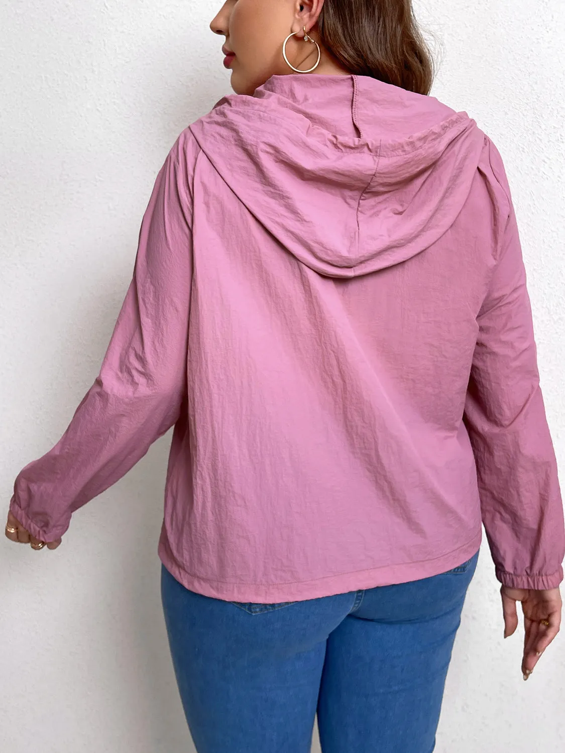 Plus Size Pink Zip-Up Drawstring Hooded Jacket with Pockets