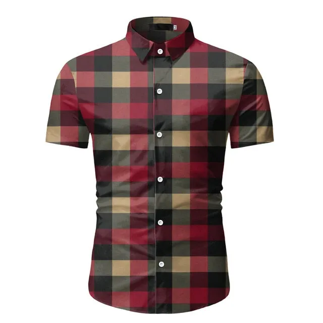 Red Plaid Shirt Men 2020 Summer Brand Classic Short Sleeve Dress Shirt Casual Button Down Office Workwear Chemise Homme M-3XL