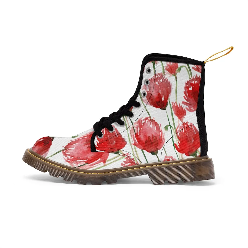 Red Poppy Floral Women's Boots, Poppy Flower White Hiking Combat Laced-Up Boots For Ladies