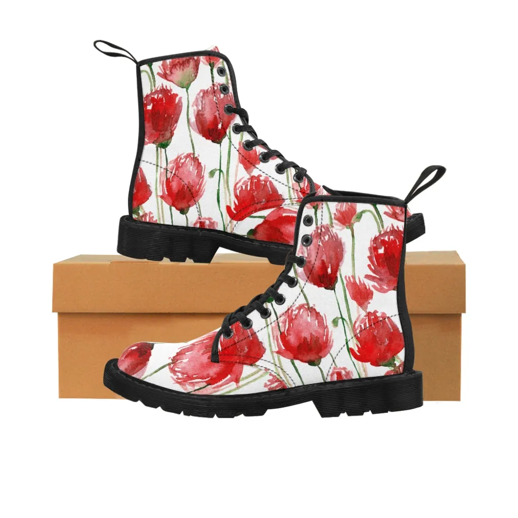 Red Poppy Floral Women's Boots, Poppy Flower White Hiking Combat Laced-Up Boots For Ladies