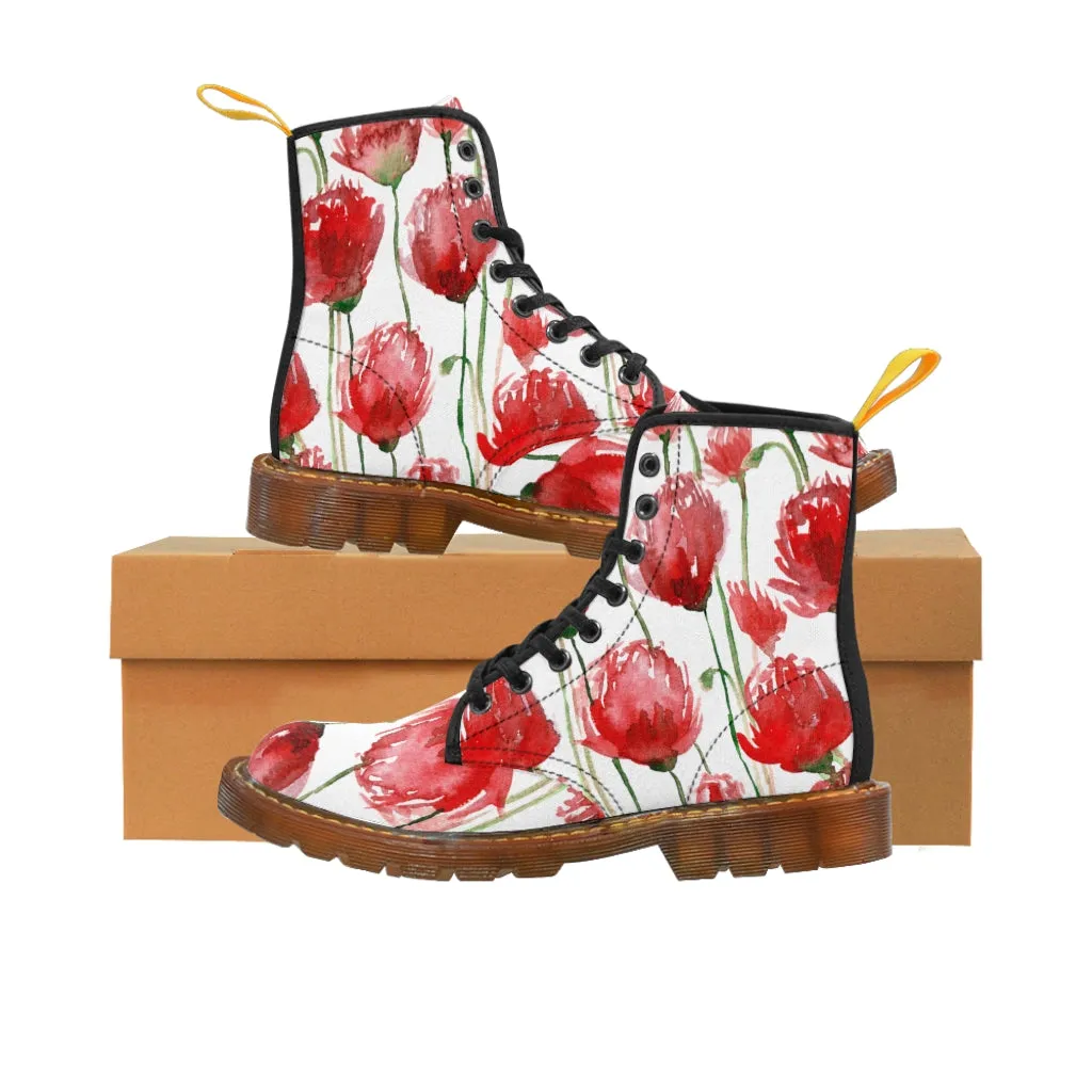 Red Poppy Floral Women's Boots, Poppy Flower White Hiking Combat Laced-Up Boots For Ladies