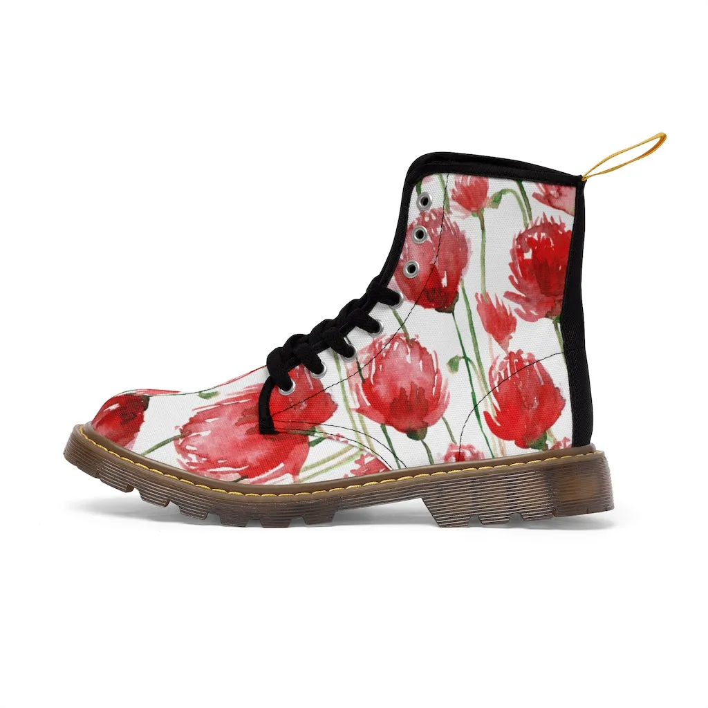 Red Poppy Floral Women's Boots, Poppy Flower White Hiking Combat Laced-Up Boots For Ladies