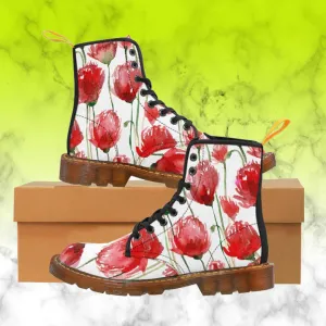 Red Poppy Floral Women's Boots, Poppy Flower White Hiking Combat Laced-Up Boots For Ladies