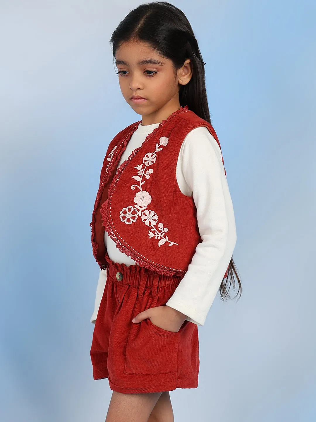 Rini Girls Sleeveless Solid Cotton Embroidered Vest - Rust