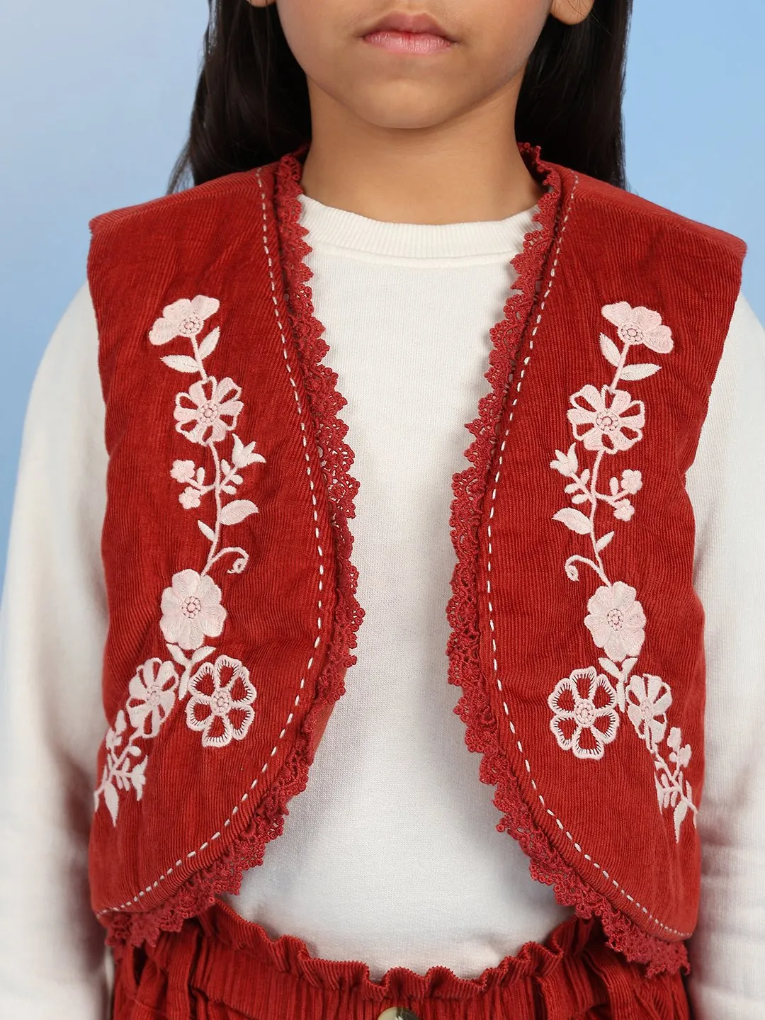 Rini Girls Sleeveless Solid Cotton Embroidered Vest - Rust