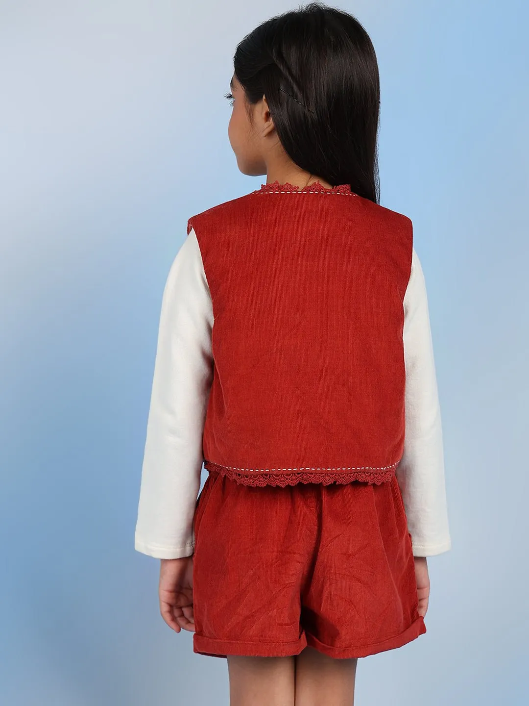 Rini Girls Sleeveless Solid Cotton Embroidered Vest - Rust