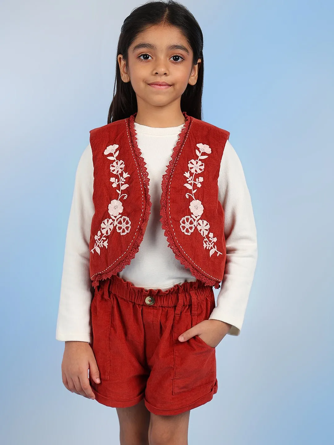 Rini Girls Sleeveless Solid Cotton Embroidered Vest - Rust