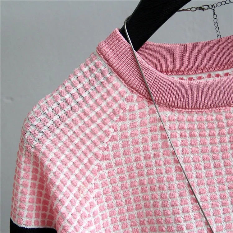 Short Sleeved Sweater Women Striped Top 2019 Plaid Knitted Cotton Woman Clothes