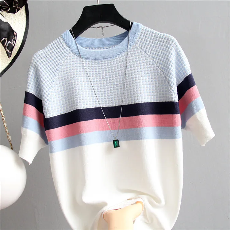 Short Sleeved Sweater Women Striped Top 2019 Plaid Knitted Cotton Woman Clothes