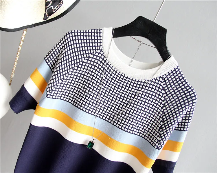 Short Sleeved Sweater Women Striped Top 2019 Plaid Knitted Cotton Woman Clothes