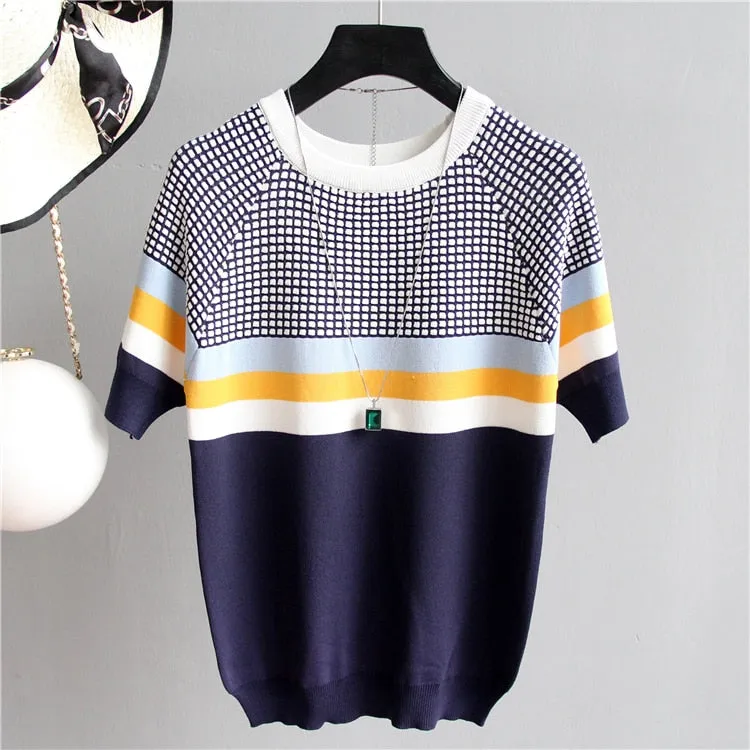 Short Sleeved Sweater Women Striped Top 2019 Plaid Knitted Cotton Woman Clothes