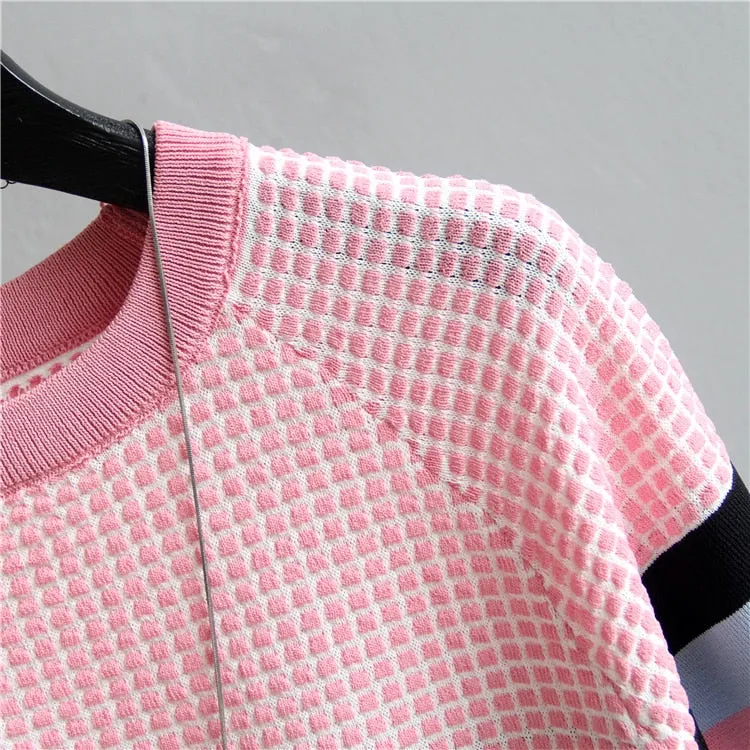 Short Sleeved Sweater Women Striped Top 2019 Plaid Knitted Cotton Woman Clothes