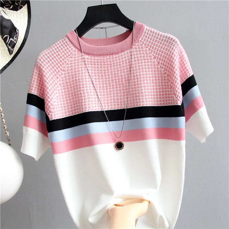 Short Sleeved Sweater Women Striped Top 2019 Plaid Knitted Cotton Woman Clothes