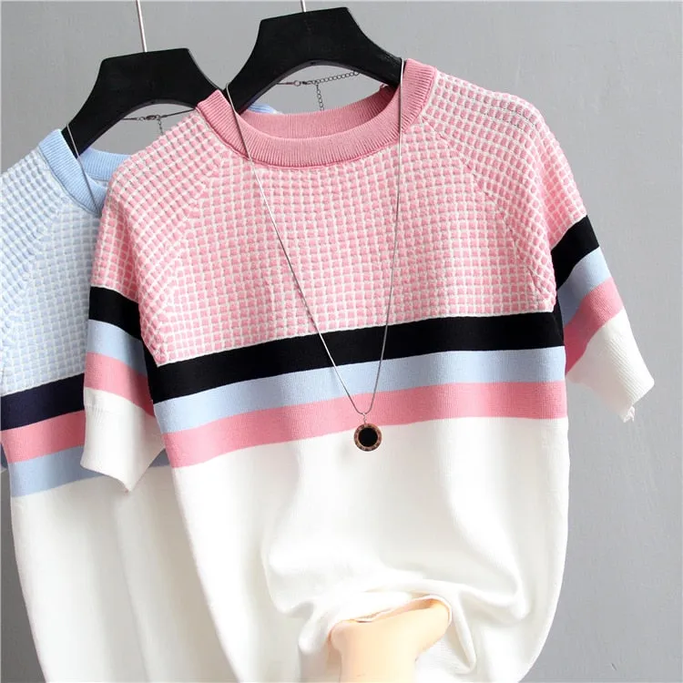 Short Sleeved Sweater Women Striped Top 2019 Plaid Knitted Cotton Woman Clothes