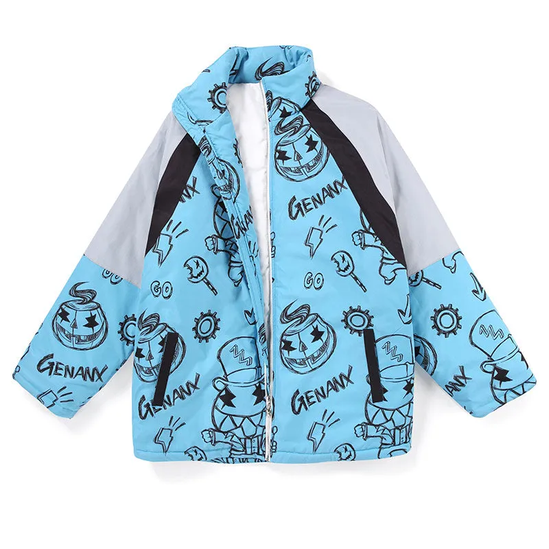 Stylish Contrast Color Graffiti Print Stand Collar Padded Coat