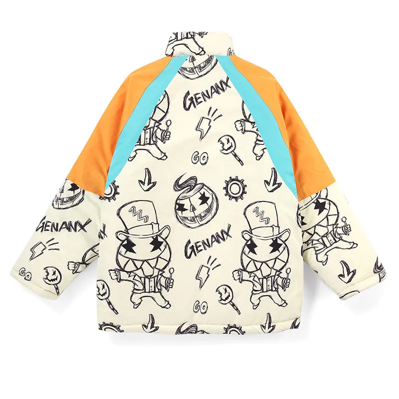 Stylish Contrast Color Graffiti Print Stand Collar Padded Coat