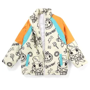 Stylish Contrast Color Graffiti Print Stand Collar Padded Coat