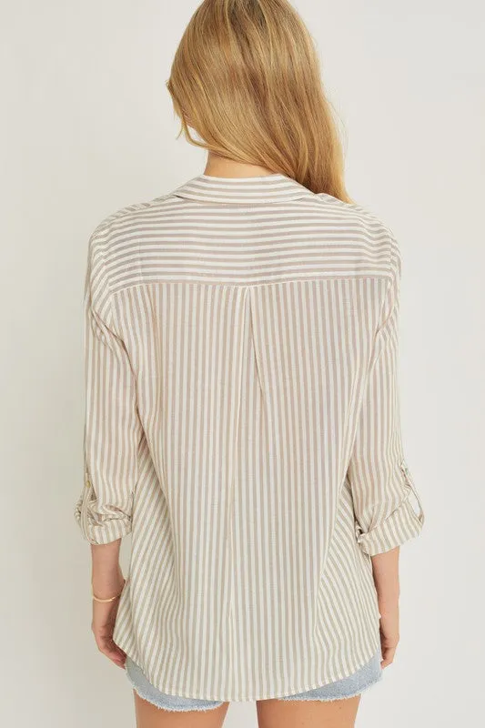 Taupe Striped Roll Up Sleeve Button Down Blouse Shirts