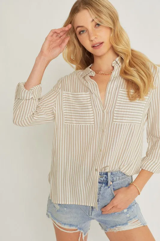 Taupe Striped Roll Up Sleeve Button Down Blouse Shirts