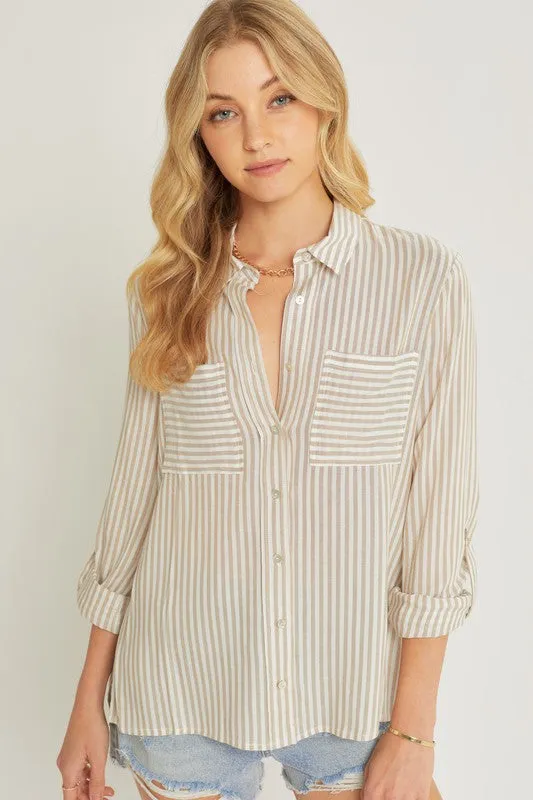 Taupe Striped Roll Up Sleeve Button Down Blouse Shirts