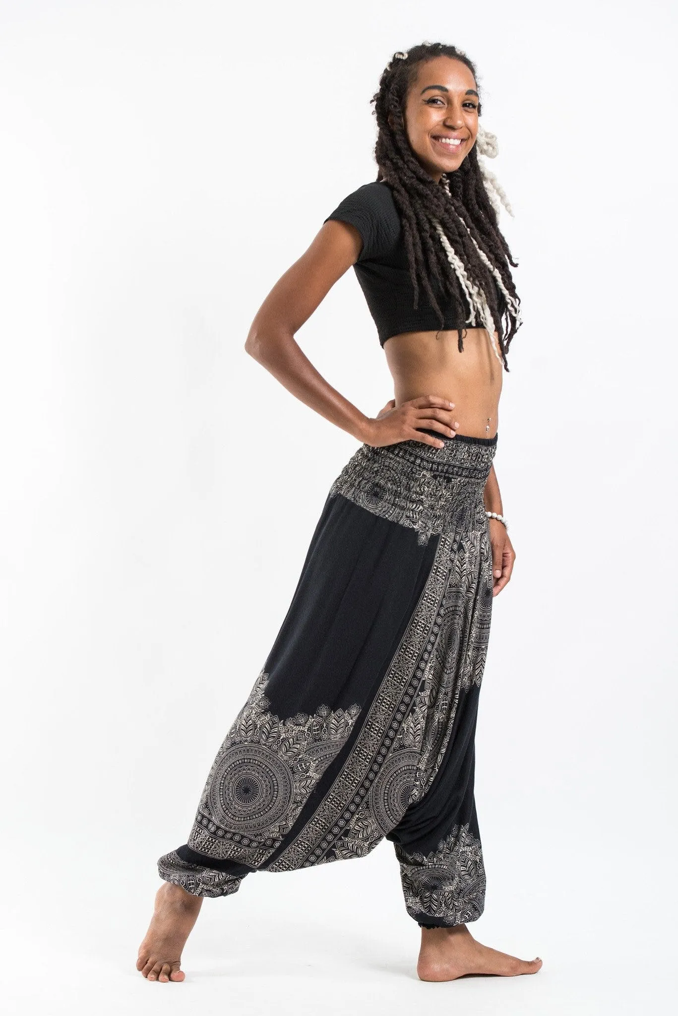 Unisex Floral Mandalas Drop Crotch Jumpsuit Harem Pants in Black