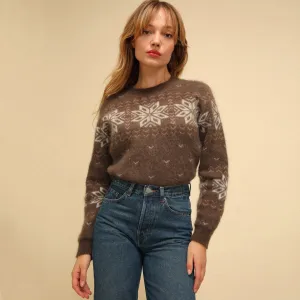 Vintage Snowflake Jacquard Mohair Knit Pullover Sweater - Coffee