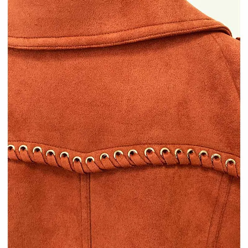 Women Fringed Suede Asymmetric Zip Biker Jacket  X-Zip Fitted Rust Coat