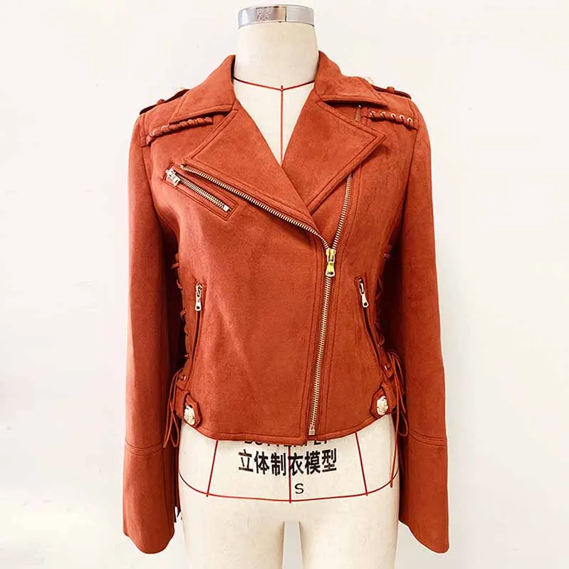 Women Fringed Suede Asymmetric Zip Biker Jacket  X-Zip Fitted Rust Coat