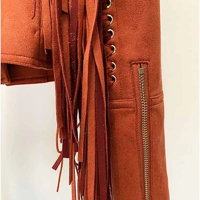 Women Fringed Suede Asymmetric Zip Biker Jacket  X-Zip Fitted Rust Coat