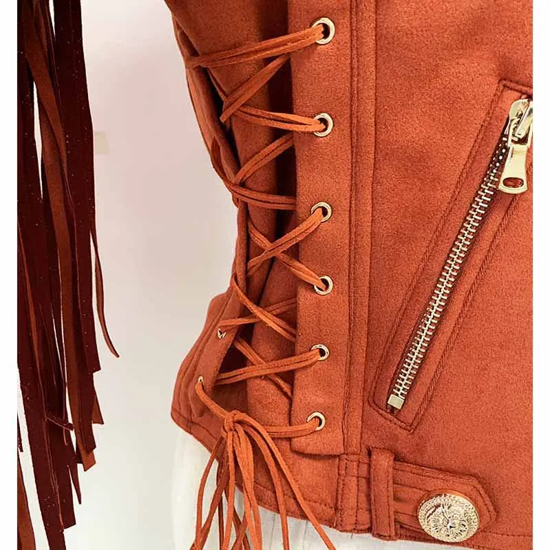 Women Fringed Suede Asymmetric Zip Biker Jacket  X-Zip Fitted Rust Coat